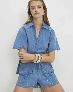 Blue Chambray Broderie Studded Shirt