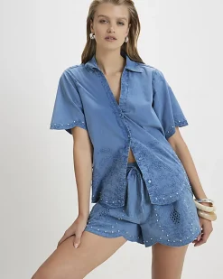 Blue Chambray Broderie Studded Shirt