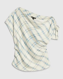 Blue Check Off The Shoulder Top