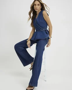Blue Clean Waistband Wide Leg Jeans