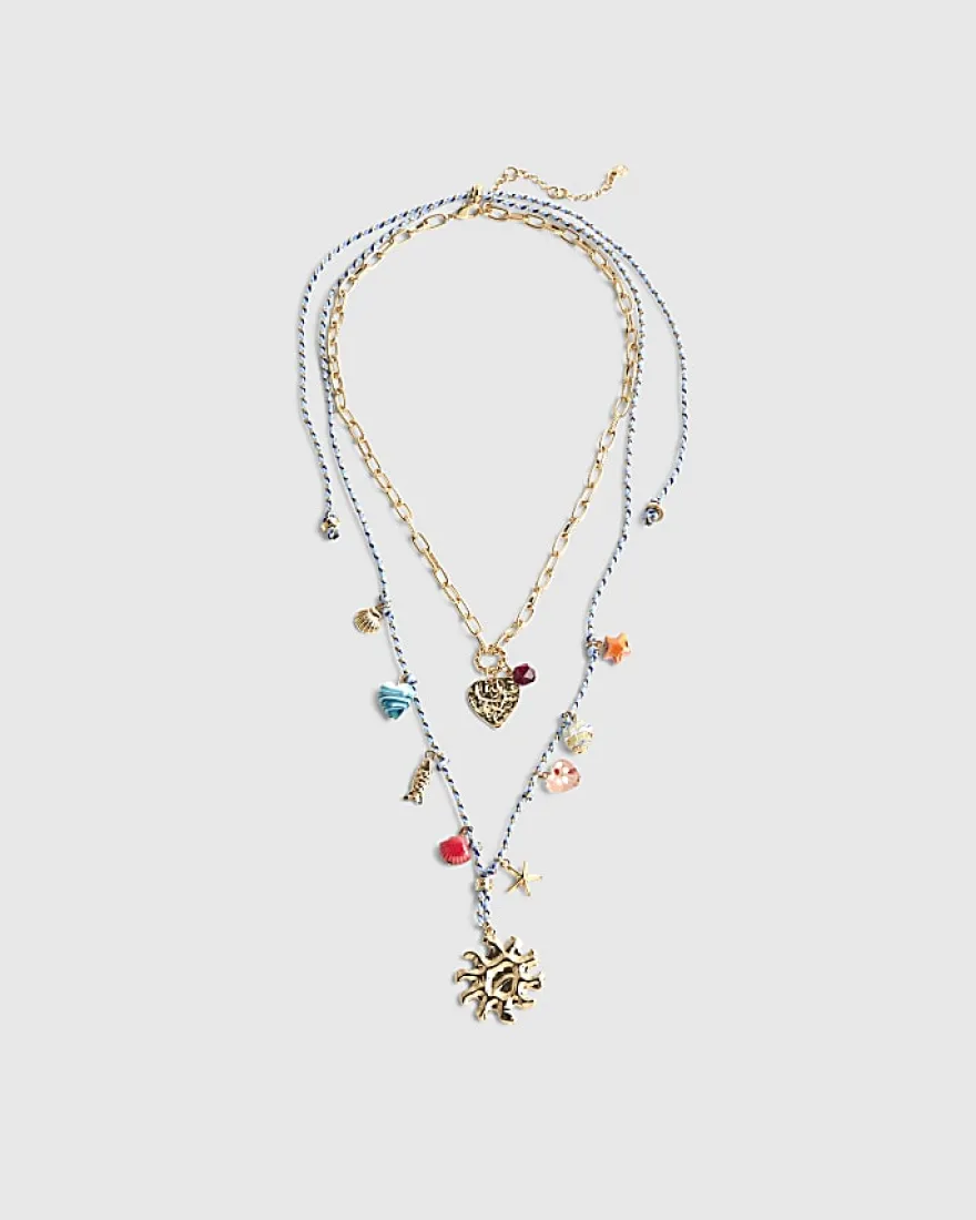 Blue Cord Charm Layered Necklace