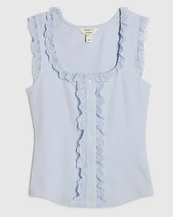 Blue Cotton Lace Trim Ruffle Tank Top