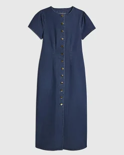 Blue Denim Button Cap Sleeve Midi Dress