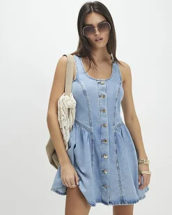 Blue Denim Button Front Mini Dress