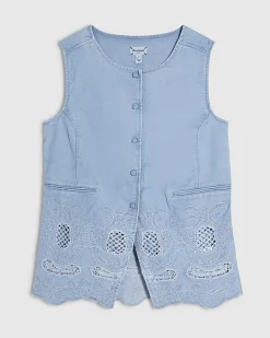 Blue Denim Cutwork Longline Waistcoat