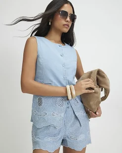 Blue Denim Cutwork Longline Waistcoat