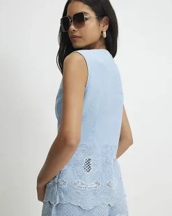 Blue Denim Cutwork Longline Waistcoat