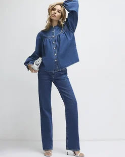 Blue Denim Diamante Button Long Sleeve Shirt