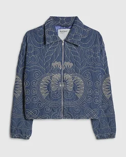 Blue Denim Embroidered Quilted Bomber Jacket