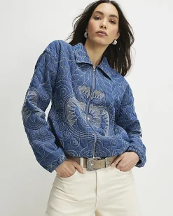 Blue Denim Embroidered Quilted Bomber Jacket