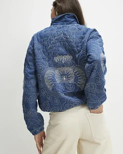 Blue Denim Embroidered Quilted Bomber Jacket