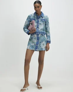 Blue Denim Floral Tapestry Mini Skirt