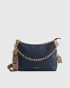Blue Denim Monogram Print Chain Shoulder Bag