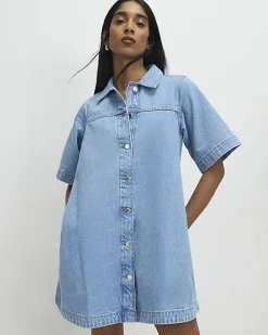 Blue Denim Short Sleeve Button Through Dress
