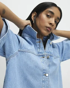 Blue Denim Short Sleeve Button Through Dress