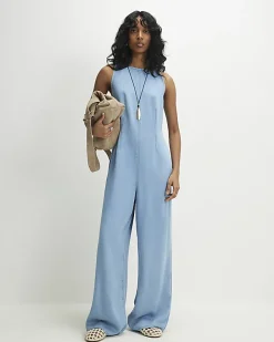 Blue Denim Wide Leg Jumpsuit
