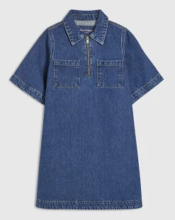 Blue Denim Zip Front Mini Shirt Dress