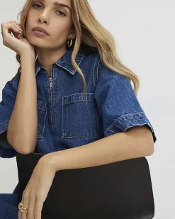 Blue Denim Zip Front Mini Shirt Dress