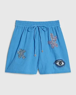 Blue Embellished Beach Shorts