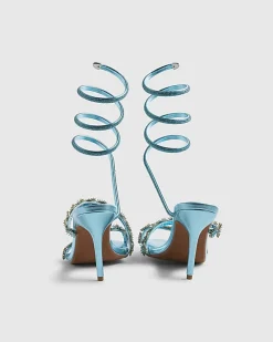 Blue Embellished Floral Wrap Heeled Sandals