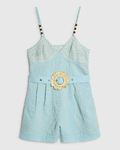 Blue Embroidered Playsuit