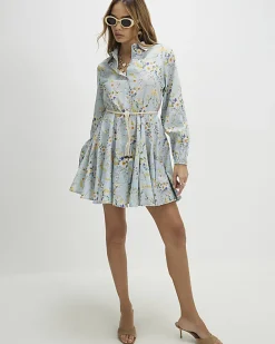 Blue Floral Belted Shirt Dress