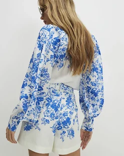 Blue Floral Boarder Print Linen Blend Blouse