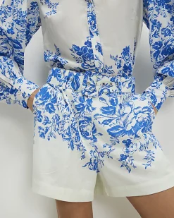 Blue Floral Boarder Print Linen Blend Shorts