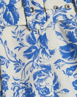 Blue Floral Boarder Print Linen Blend Shorts