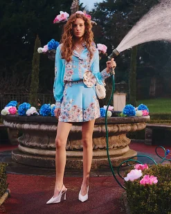 Blue Floral Border Print Shorts
