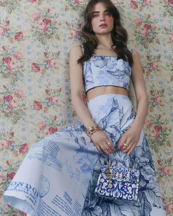 Blue Floral Border Print Midi Skirt