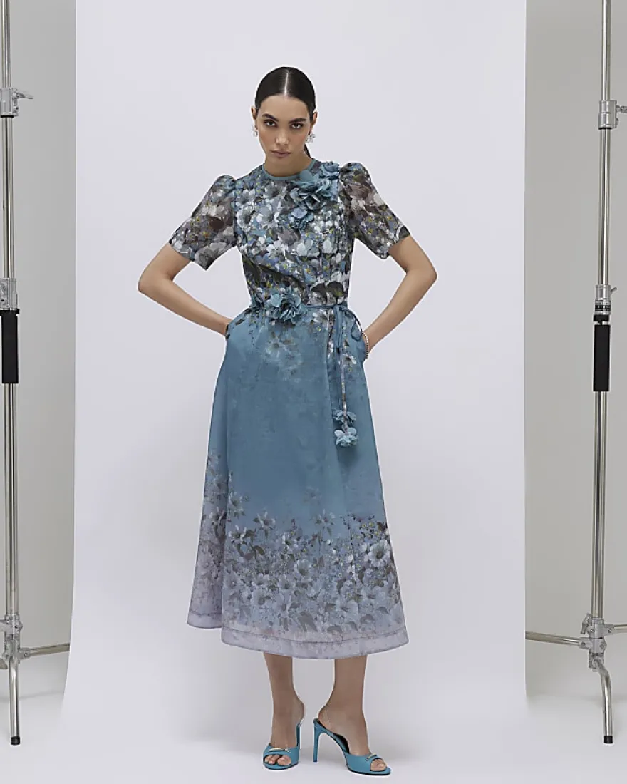 Blue Floral 3D Corsage Midi Dress