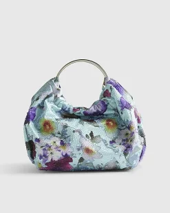 Blue Floral Embellished Grab Top Clutch Bag