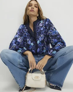 Blue Floral Long Sleeve Ruffle Blouse