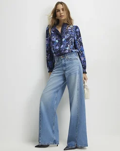 Blue Floral Long Sleeve Ruffle Blouse