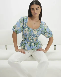 Blue Floral Print Puff Sleeve Shirred Top