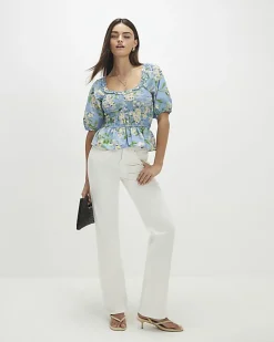Blue Floral Print Puff Sleeve Shirred Top