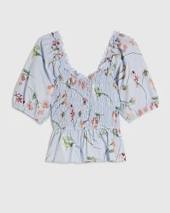 Blue Floral Puff Sleeve Shirred Top