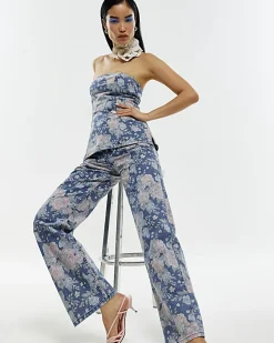 Blue Floral Relaxed Straight Jeans