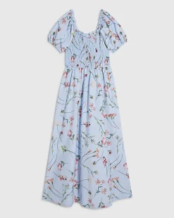 Blue Floral Shirred Midi dress