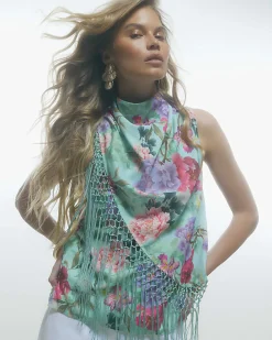Blue Floral Tassel Tank Top