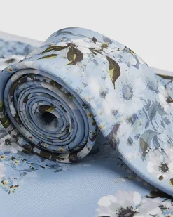 Blue Floral Tie and Handkerchief Set