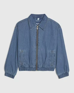 Blue Gather Detail Denim Bomber Jacket