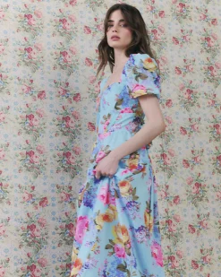 Blue Gathered Hip Floral Midi Dress