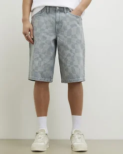 Blue Geometric Print Denim Shorts