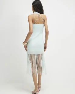 Blue Halter Embroidered Tassel Mini Dress
