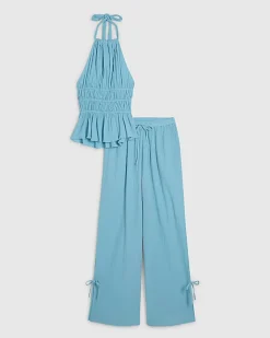 Blue Halter Neck Top And Trousers Lounge Set