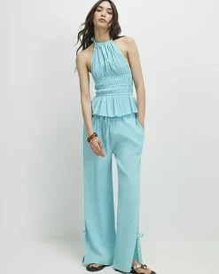 Blue Halter Neck Top And Trousers Lounge Set