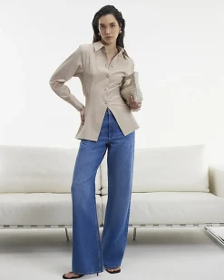 Blue High Waisted Relaxed Straight Leg Jeans
