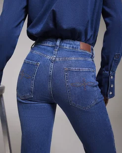 Blue High Waisted Stretch Straight Leg Jeans